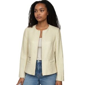 Laura Elegant Cream Bouclé Collarless Tweed Jacket - Women's Coat size medium 8